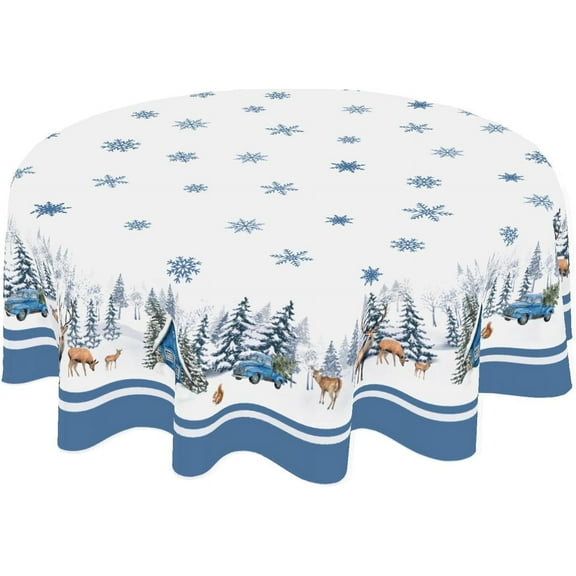 Blue Christmas Tablecloth Round 60 Inch Winter Woodland Deer Pine Snowflake Tree Decoration Table Cloth Washable Fabric Christmas Table Cover for Dining Kitchen Holiday Party Picnic Home Outdoor Decor