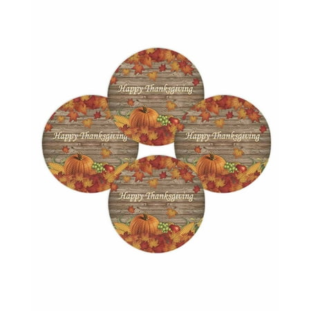 Fall Round Placemats Set of 4 Pumpkin Maple Leaf Place Mats Thanksgiving Woven Placemat Farm Fruit Happy Thanksgiving Wood Grain Circle Braided Table Mat for Kitchen Dining Table Party Decor 15 Inch