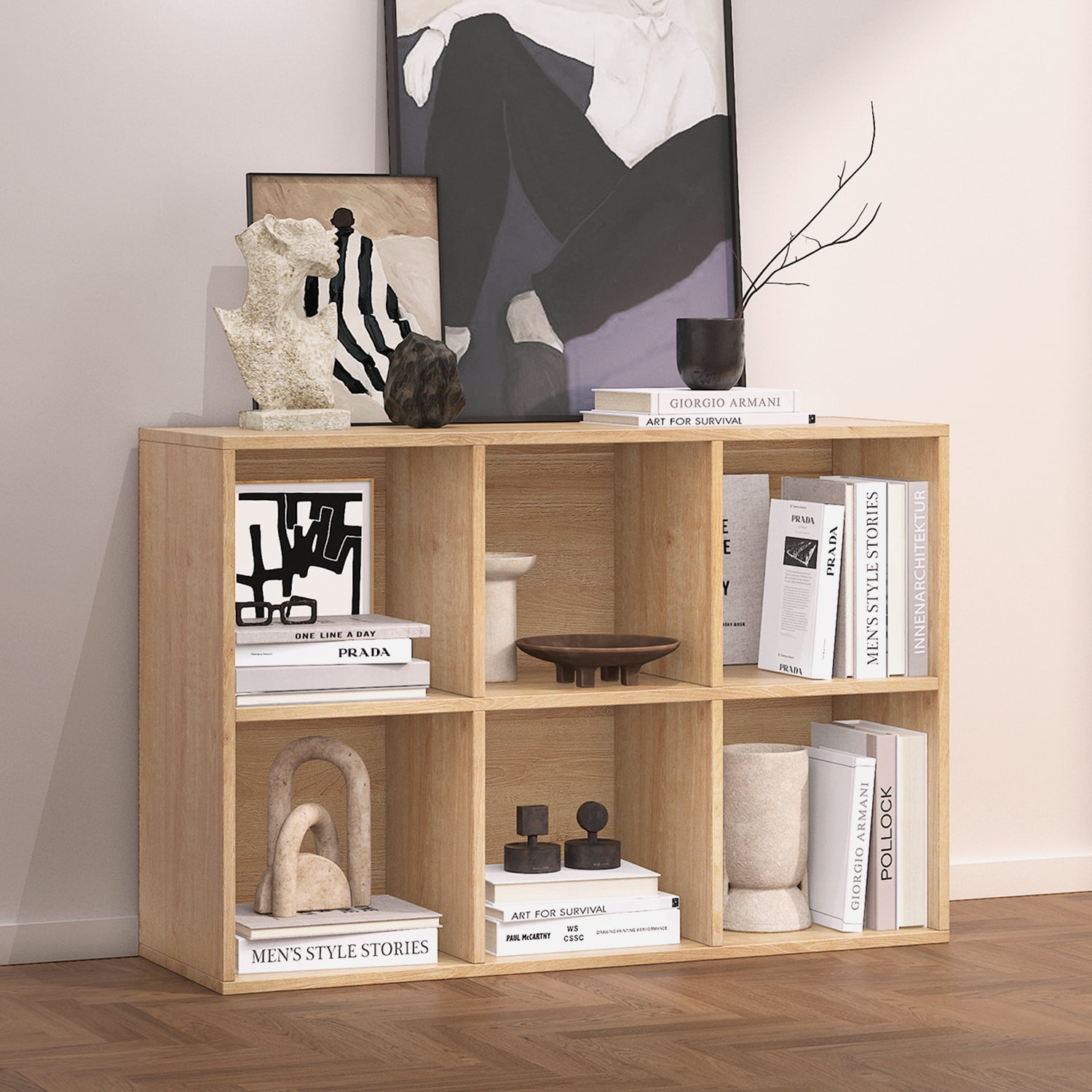 NEWADARA Wooden 6 Cube Storage Organizer with Closed Back Panel,Oak Cube Shelf Heavy Duty Cubby Storage Organizer with Compartments for Living,Display Shelf,Shelf,Bookshelf,Oak for Adults