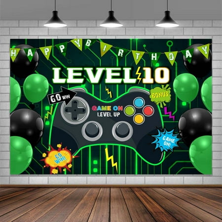 Image of Level 10th Backdrop Video Game Party Decoration Backdrop Game Clearance Background Green Happy Birthday Balloon Photograph Backdrop Boy Child Birthday Background Game Backdrop for Children 6X4FT