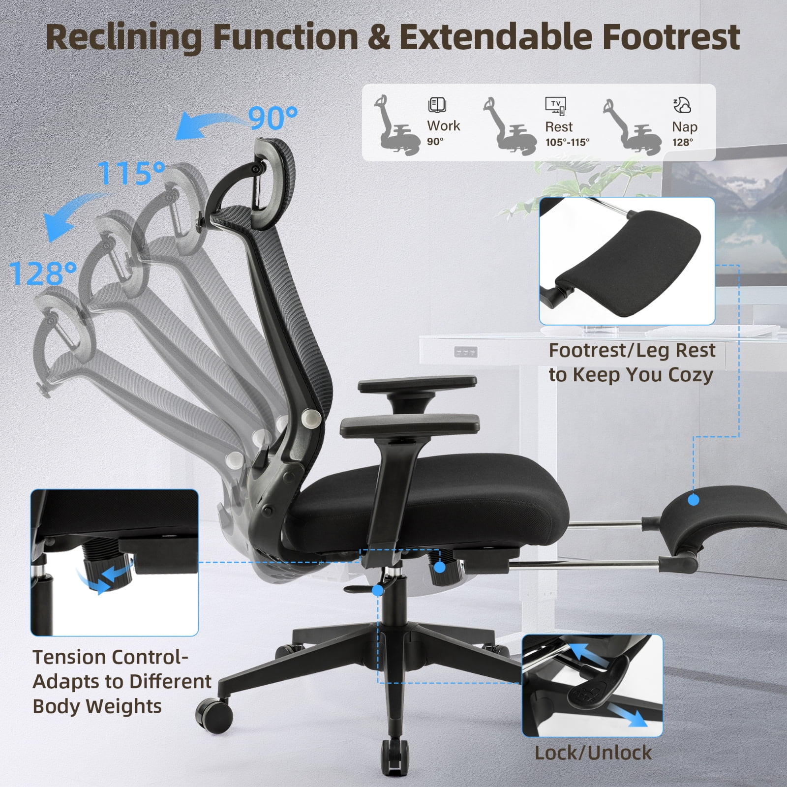 Hforesty Black Foldable Office Chair with Footrest – Ergonomic Mesh Computer Chair, Lumbar Support, Swivel Tilt, 300lbs