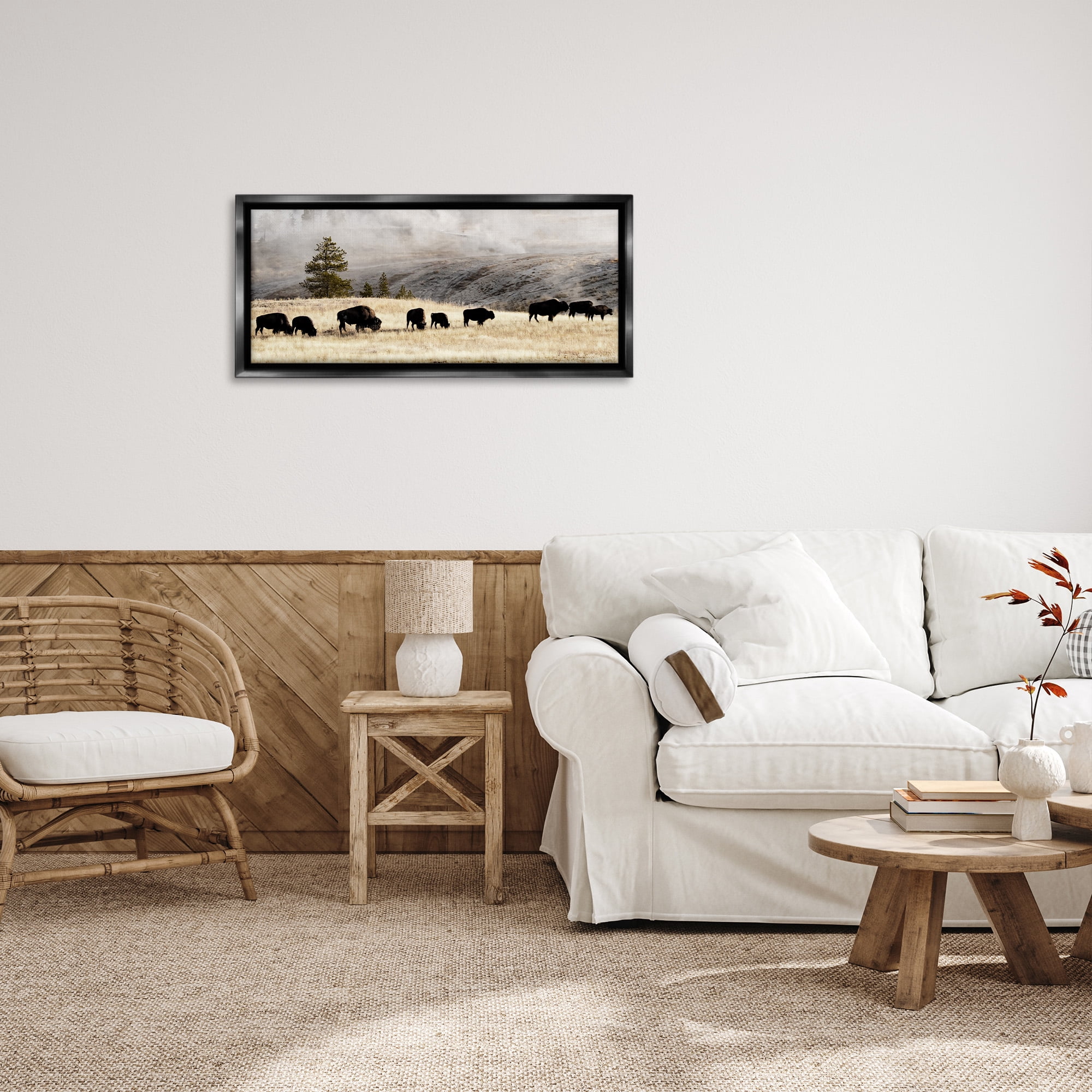 Stupell Industries Grazing Bison Foggy Countryside Animals & Insects Photography Black Floater Framed Canvas Art Print Wall Art, 31 x 14
