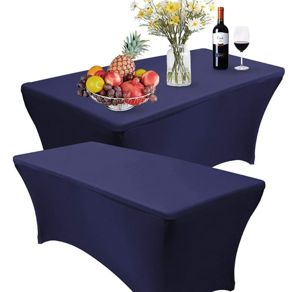 Reliancer 2 Pack 8Ft Rectangular Spandex Table Cover Four-Way Tight Fitted Stretch Tablecloth Table Cloth For Outdoor Party Dj Tradeshow Banquet Vendor Wedding Celebration (2Pc 8Ft Navy Blue)