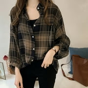 Casual Lattice Shirts for Women, Fashion Long Sleeve Button Down Loose Blouse Autumn Clothes for Women