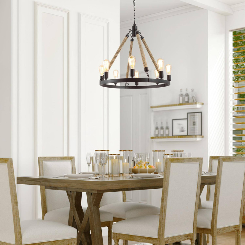LNC 8-Light Farmhouse Round Chandelier with Rope and Dark Coffee Metal Frame