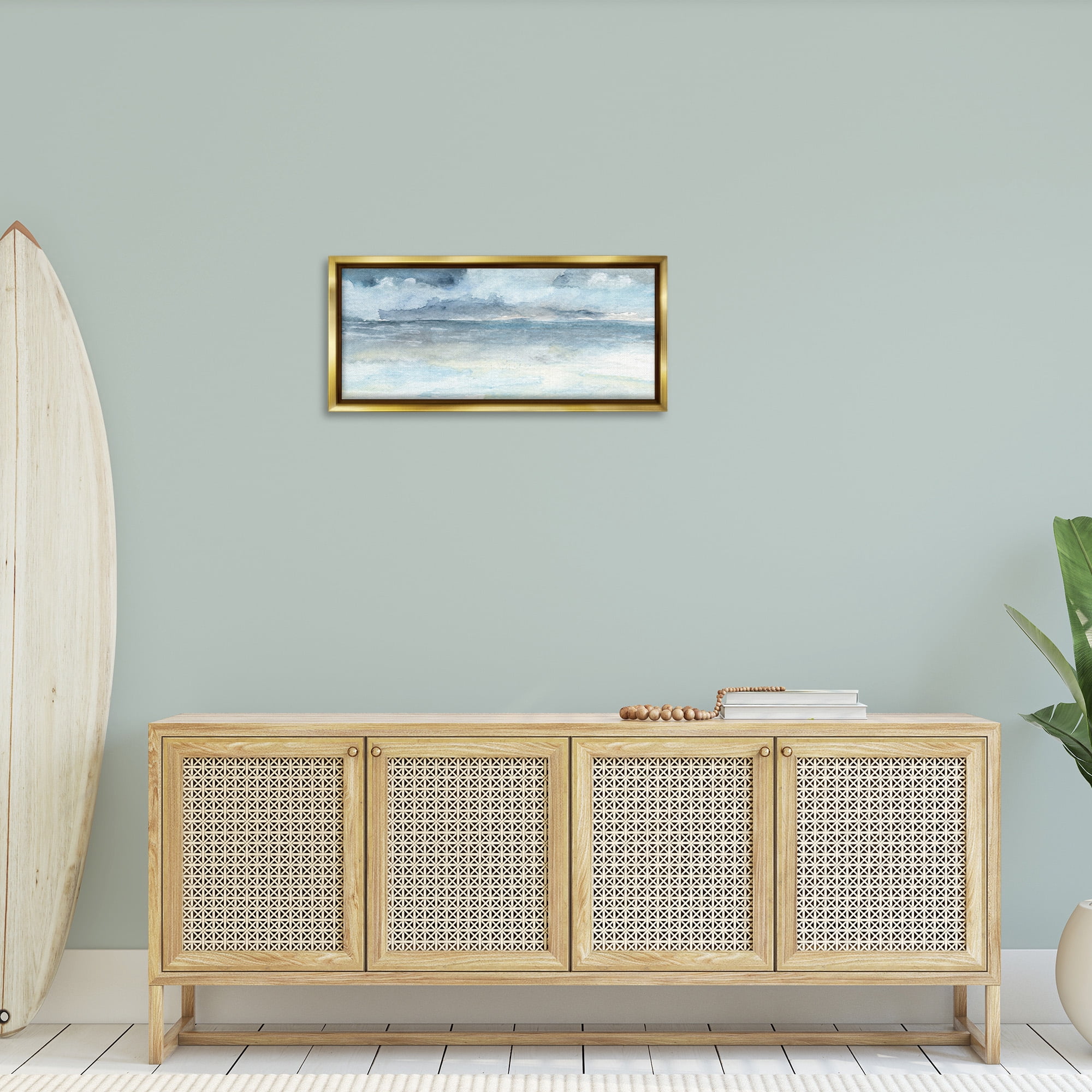 Stupell Industries Abstract Cloudy Ocean Waves Nature Painting Gold Floater Framed Canvas Art Print Wall Art, 31 x 14
