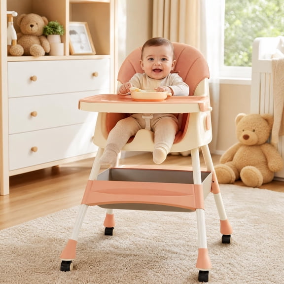 YUCHANG 4- in-1 Baby High Chair,Adjustable Convertible Infant Baby Feeding Chair Booster for Eating with Detachable Double Tray,5 Point Harness
