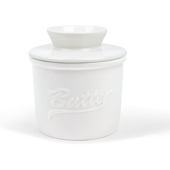Vintage Porcelain Butter Jar with Lid, French Ceramic Butter Crock with Water Line, Sealed Butter Dish for Kitchen Countertop Fridge, White Alphabet