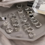 24pcs Y2K Gothic Rings Set for Women and Men Silver Punk Grunge Vintage Jewelry with Heart Snake Flower Designs