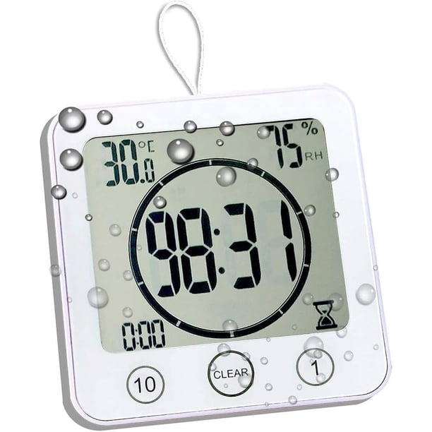 Temporizador impermeable para ducha, reloj de pared de baño con pilas con succión, reloj colgante para exteriores con temperatura (blanco)