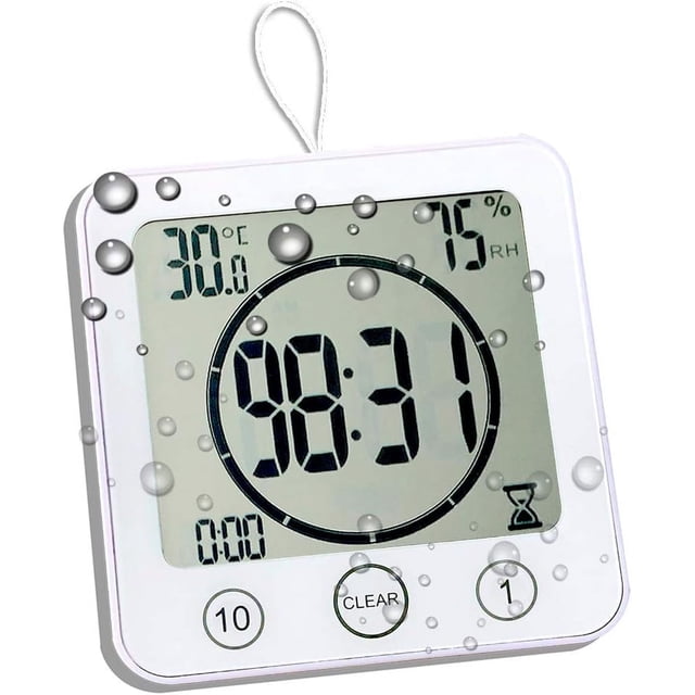 Temporizador impermeable para ducha, reloj de pared de baño con pilas con succión, reloj colgante para exteriores con temperatura (blanco)