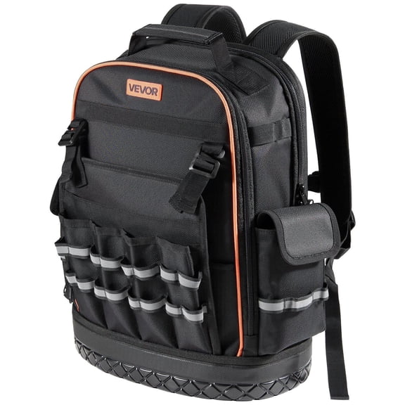 Heavy Duty Tool Backpack with 64 Pockets Laptop Compartment Molded Base for Electrician Repairman HVAC Techs