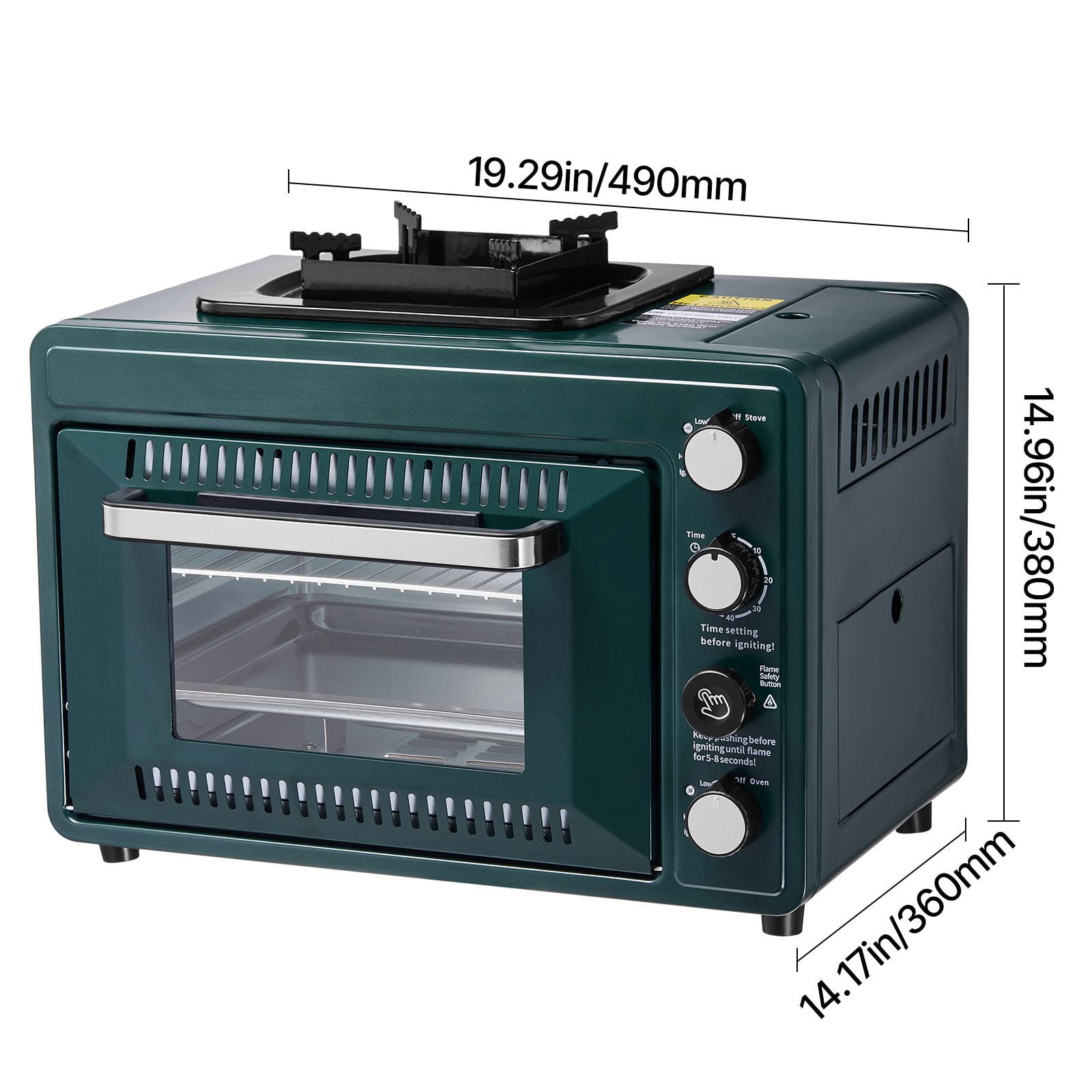 2-in-1 convenient gases Camping Stove Oven Combo, Adjustable Fire, 60-Min Timer, Windproof, Grill Shelf & Roasting Tray for Backyard Picnic