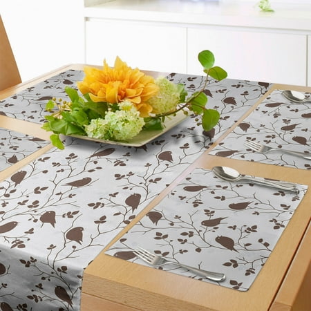 

Birds Table Runner & Placemats Tweeting Little Sparrows Perching on Spriggy Twigs Vintage Pattern Set for Dining Table Decor Placemat 4 pcs + Runner 16 x90 Seal Brown and Pale Grey by Ambesonne