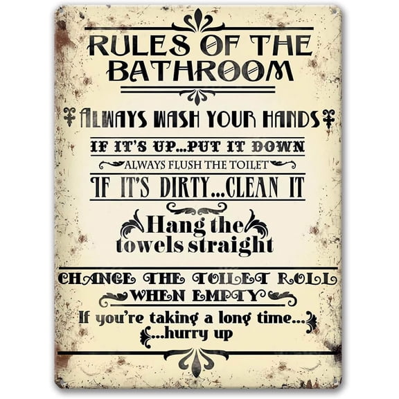 Bathroom Rules Sign, Farmhouse Bathroom Decor Wall Art Vintage Metal Tin Signs Funny 12 x 8 inches