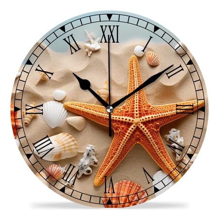 erolrail Rustic Wall Clock,Silent Non Ticking Wall Clocks for Living Room,Bedroom,Kitchen 12IN Starfish Seashell Sand Beach Image