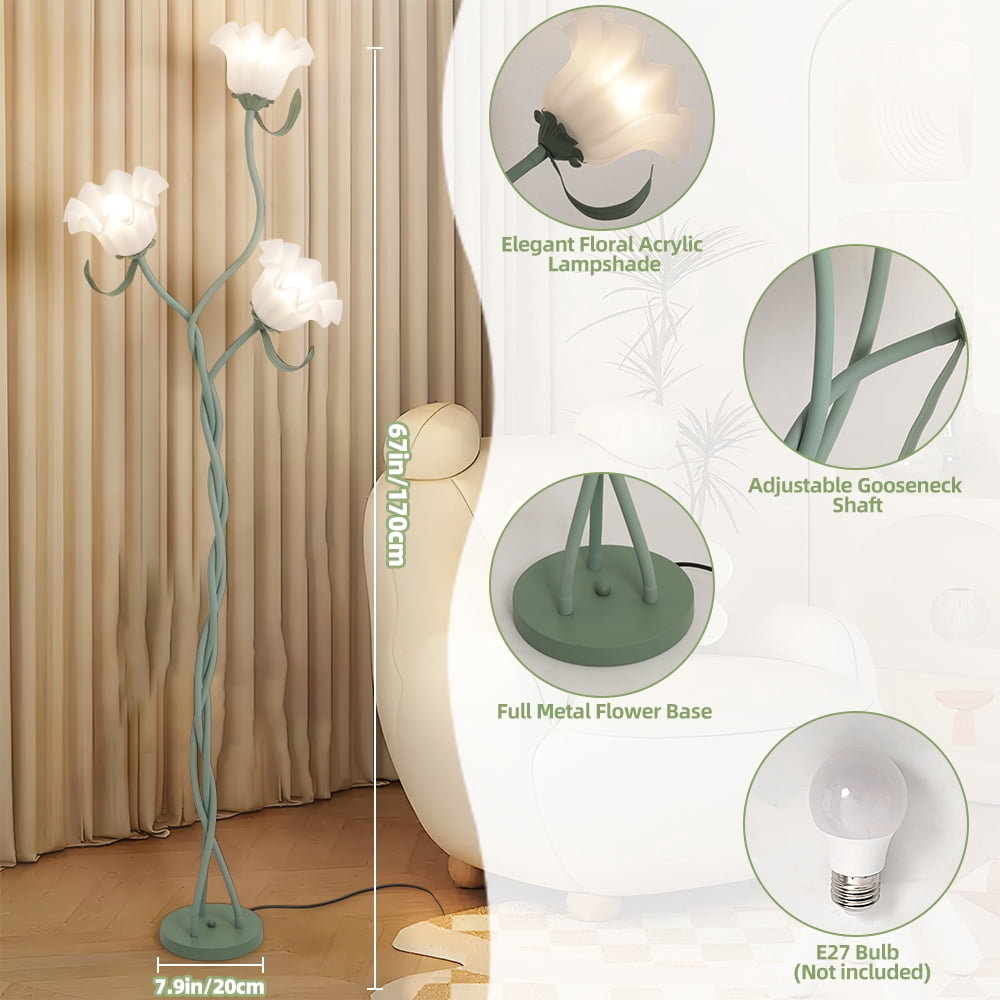 Elinkume Floral Floor Lamp, Modern 3-Head Living Room Lamp, 60 Watt 15.7*15.7*66 Inch