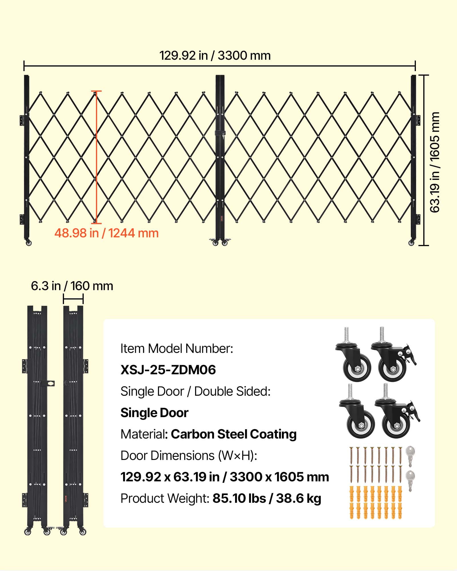 VEVOR Double Folding Security Gate, Lockable Scissor Gate with 360° Swivel Casters, Outdoor Barricade Steel Retractable Gates, for Entry Security, Garage, Warehouse & Pool, 129.92 x 63.19 in (W x H)