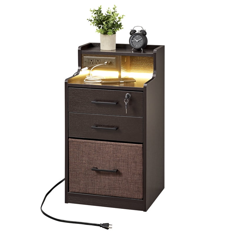 Utopia Alley 2 Drawer LED Nightstand, Night Stand with Fast Charging, 3 USB Ports and 2 Power Outlets, Bedside Table with Open Shelf, 29 inch Nightstand with Lock for Bedroom, Espresso Color