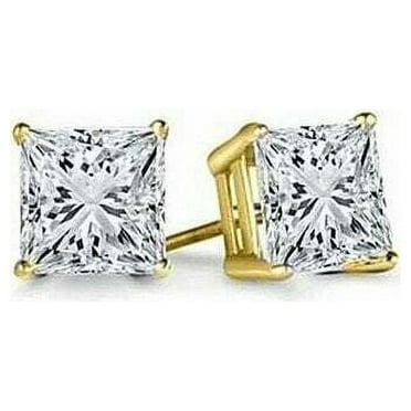 Genuine 14K Gold 1.5 ct Princess Cut Stud Earrings