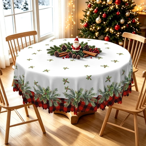 Duangreer Christmas Tablecloth for Party Dining Indoor and Outdoor, Retro Plaid Xmas Tree Print, Waterproof Tablecloths, 60''Round