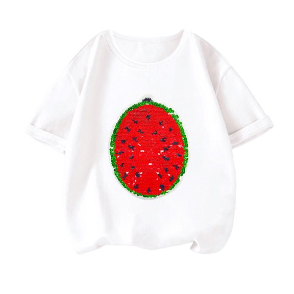 MXIEZI 3-14T Little Big Girls Short Sleeve T-Shirts Kids Cartoon Casual Tops Summer Crewneck Sequin Pullover Tees Tops