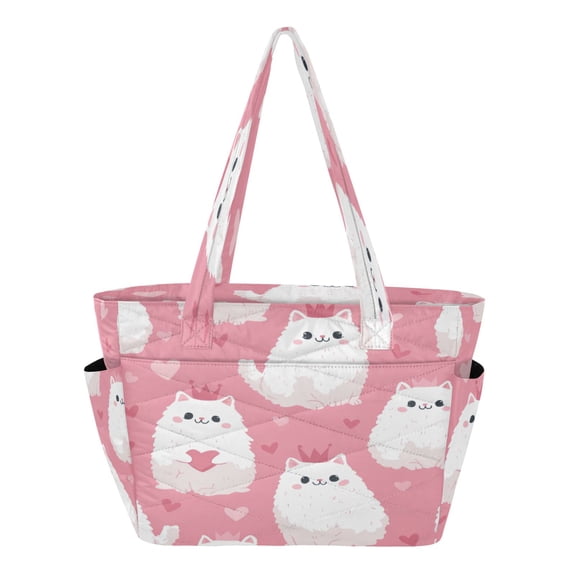 Quilted Tote Bag Large Capacity Multi-Compartment Handbag Lightweight Structured Shoulder Bag Versatile Casual Bag Charming Cute White Cats
