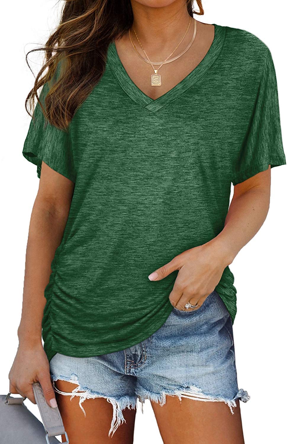 JemilyShe Womens Short Sleeve V Neck Dolman Tops with Side Shirring