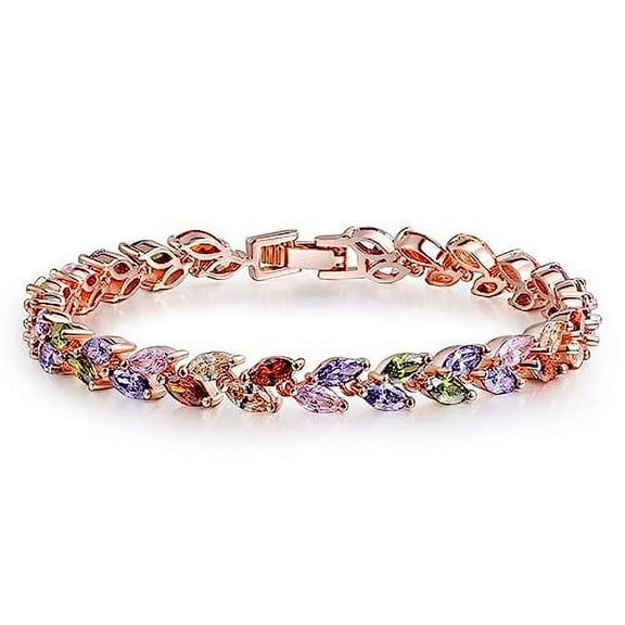 PAENENPH 14K Rose Gold Bohemian Style Colorful Crystal Bracelet for Women,Branch Shape Natural Crystal Rainbow Link Bracelet,Luxury Bracelet Jewelry Gift for Her