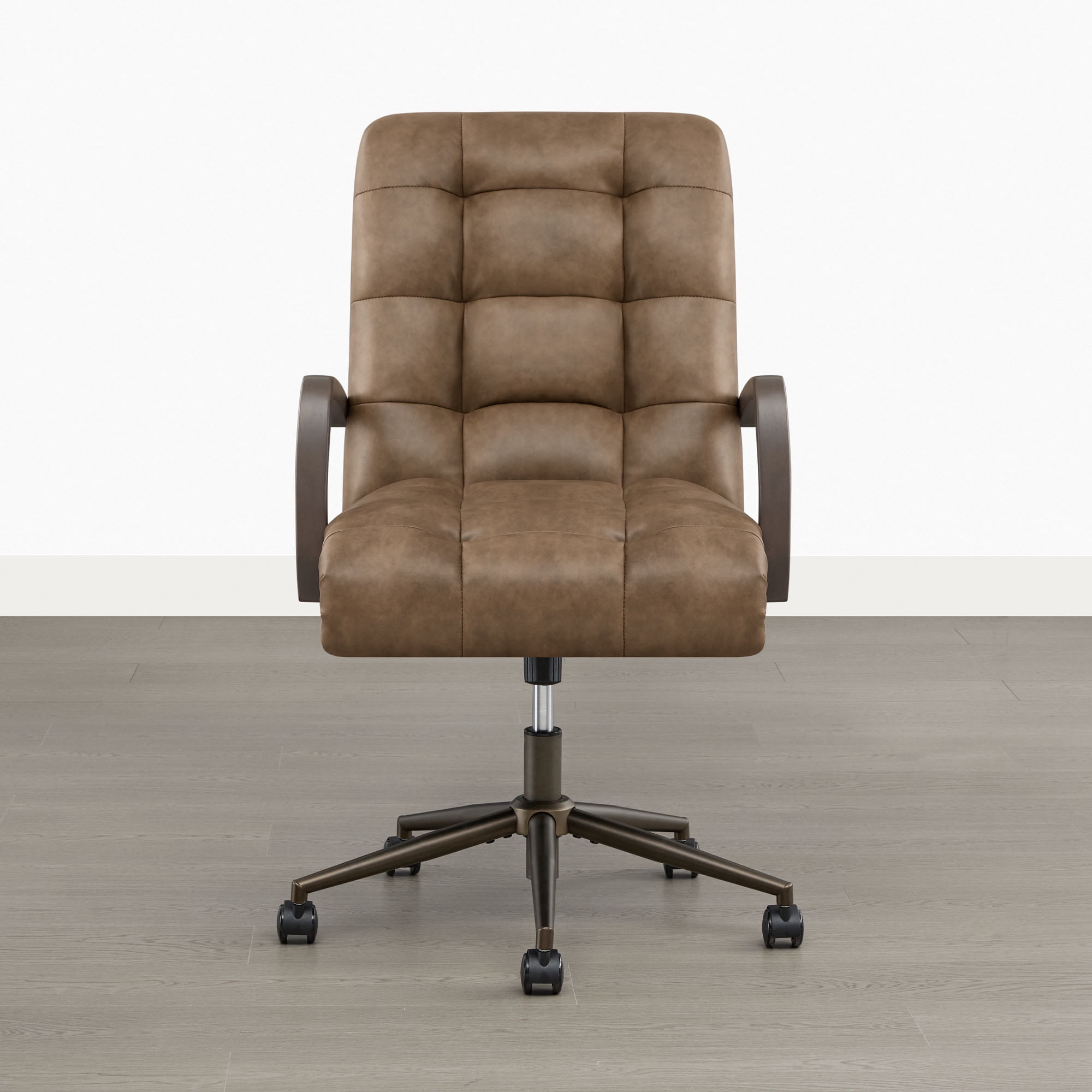 Spruce & Spring Mid-Century Modern Office Chair with Solid Wood Arms, Faux Leather Desk Chair with Adjustable Height & Tilt for Home Office, Brown