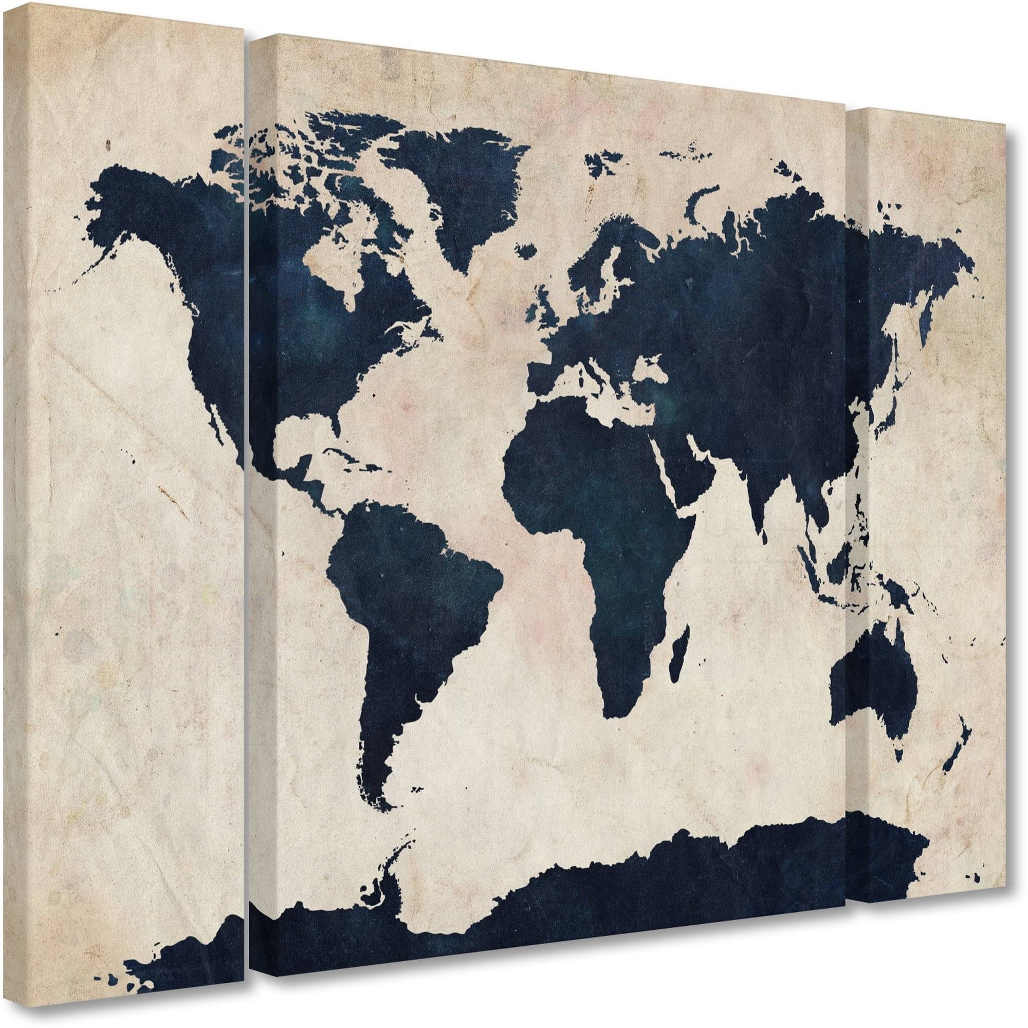 Trademark Fine Art "World Map Navy" Canvas Art by Michael Tompsett Three Panel Set