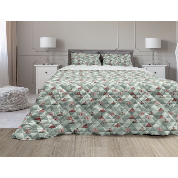 Grey Comforter & Sham Bedding Set, Abstract Geometrical Theme Retro Illustration of Triangles Trees Print, 3 pcs Duvet Set Microfiber Filling Quilt, 5 Sizes, Coral and Reseda Green, by Ambesonne