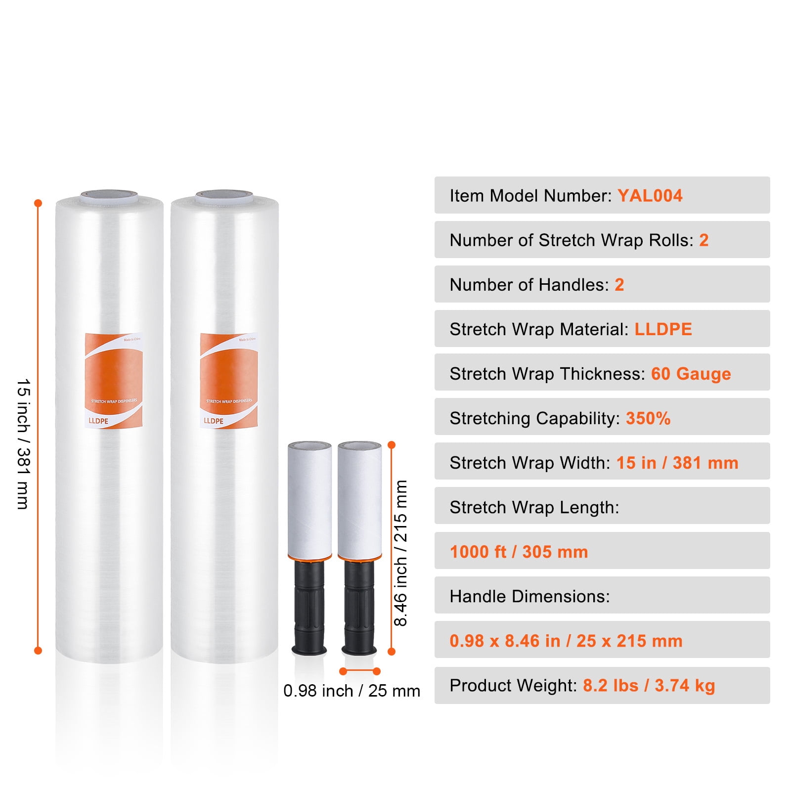 KFFKFF Clear Shrink Wrap, 15 inches by 1000 feet, 60 Gauge, 2 Rolls, Industrial Strength Film with Handles for Efficient Pallet Securing and Relocation