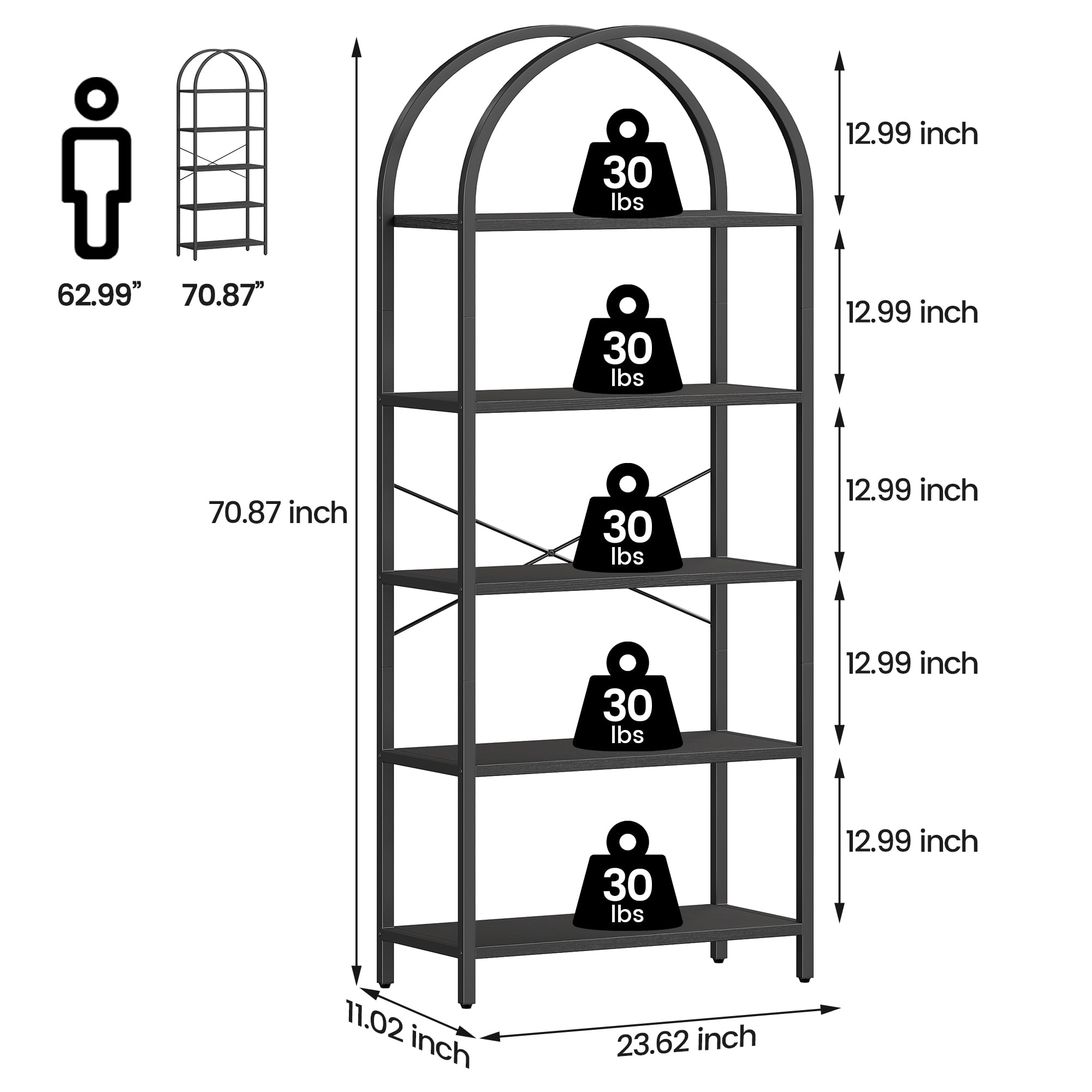 Riedhoff 5 Tier Bookcase, Arched Display Rack, Metal Frame, Modern Storage Rack Shelf, Black