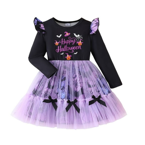 Shadoumai Girls Halloween Dress Bat Print Mesh Tutu Skirt With Cartoon Sleeves And Bow For Casual Party Outfit Age 1 8 Years