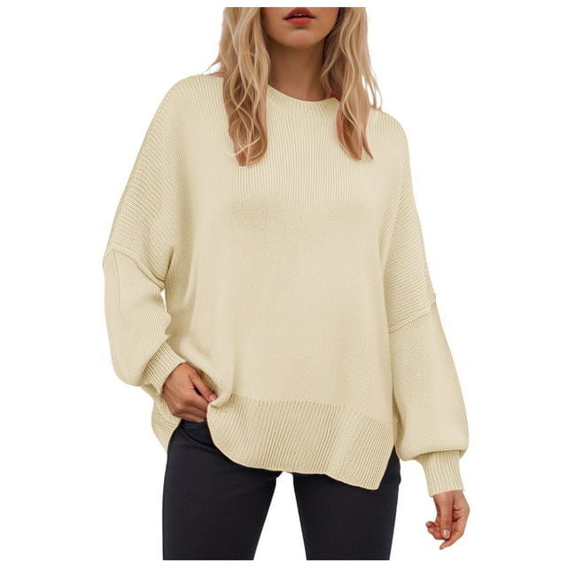 WUANDIXFA Chandails d'Automne pour Femmes Chandails pour Femmes à Manches Longues Fente Latérale Col Rond Chandails Molletonnés à Enfiler Hauts de Mode pour Femmes Vêtements Corset Vêtements d'Extérieur Beige,P