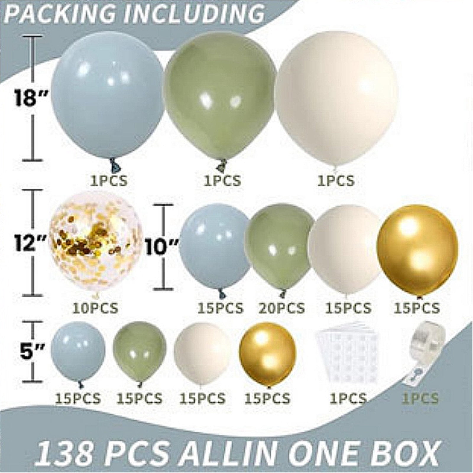 Sage Green White Gold Balloon Garland Arch Kit, 138Pcs Latex Balloons Different Sizes 18 12 10 5 Inch for Birthday Baby Shower Gender Reveal Wedding Party Decoration