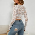 thumbnail image 4 of Women's T Shirts Lace Trim Long Sleeve Crop Top Slim Fit Crewneck Tops for Women Trendy White XXL, 4 of 6