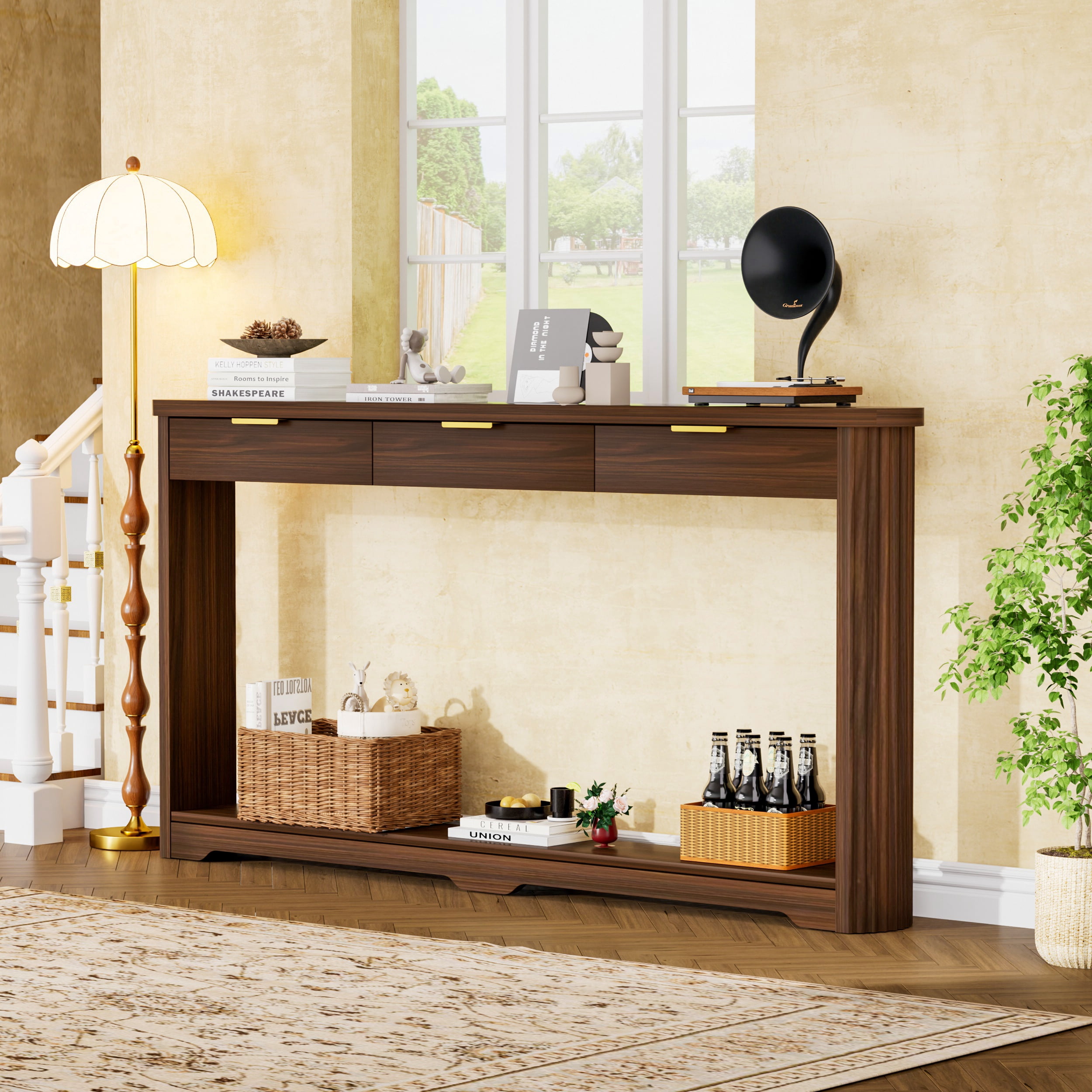Leumius 70.1" Console Table with Drawers,Slim Wooden Side Table Storage Table for Entryways,Hallways,Doorways,Walnut