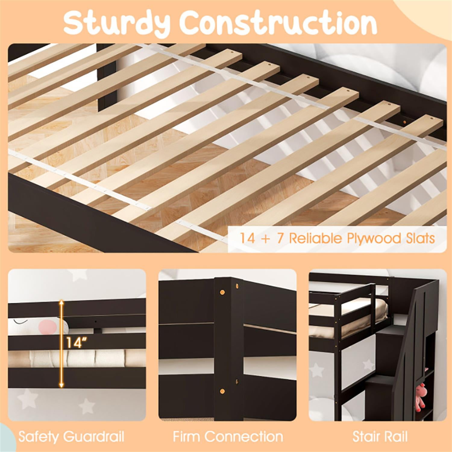 Demi Bonn Home Wood Bunk Bed with Guard Rail and 4-step Storage Stairs, Twin Bunk Beds, No Box Spring Needed, Brown