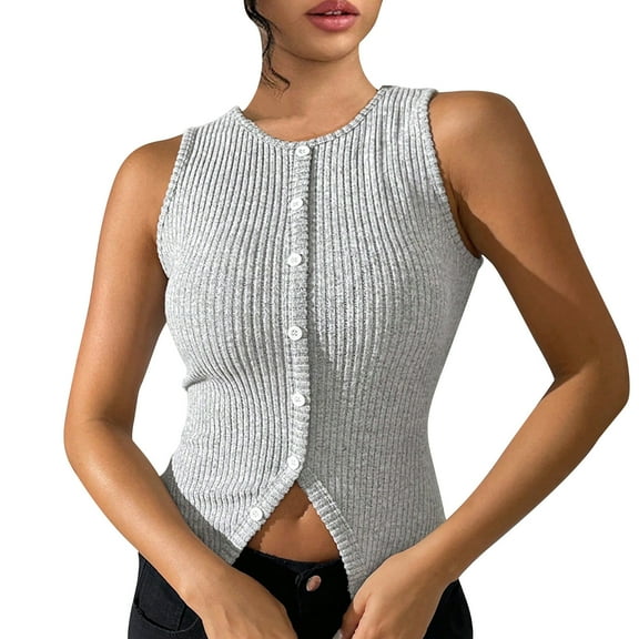 JGGSPWM Women's Ribbed Knit Sleeveless Tank Tops Button Down Slim Fit Going Out Vests Gray S