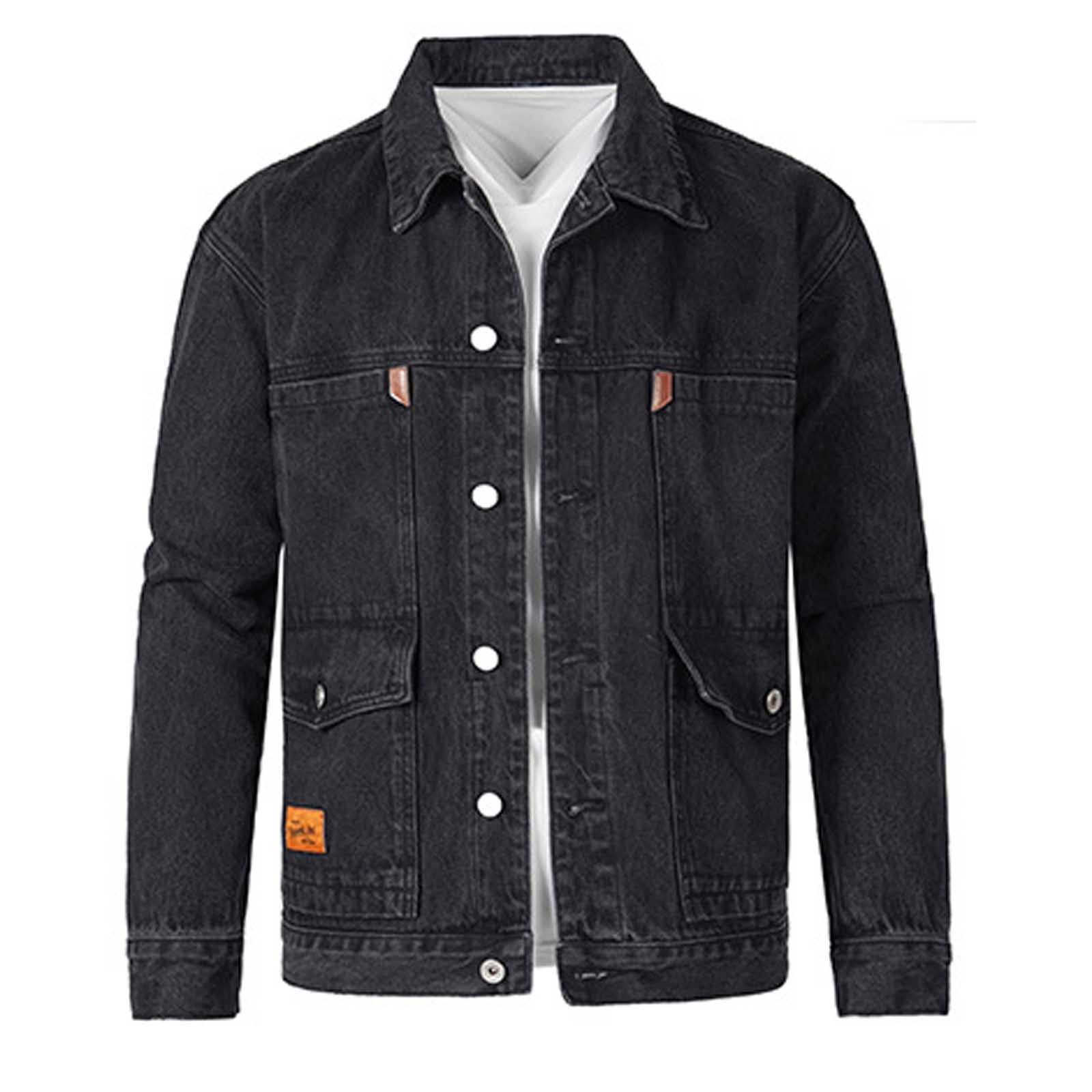 BZGTZT Jean Jacket for Men Casual Workwear Long Sleeve Lapel Collar Jacket Loose Denim Coat with Multi Pockets