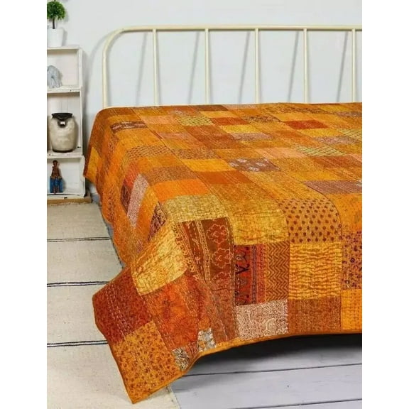 Bedding Throw/Twin Bedcover/Blanket Silk Quilt Throw Kantha Patchwork Block Kantha