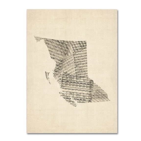 Trademark Fine Art "Old Sheet Music Map of British Columbia" Canvas Art by Michael Tompsett