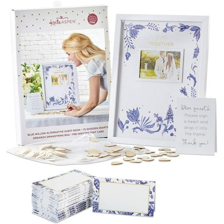 Kate Aspen Blue Willow Guest Book Alternative with 75 Wooden Hearts and Tent (Set of 50) Seating Place Card for Wedding, Bridal Shower, Birthday and Tea Party