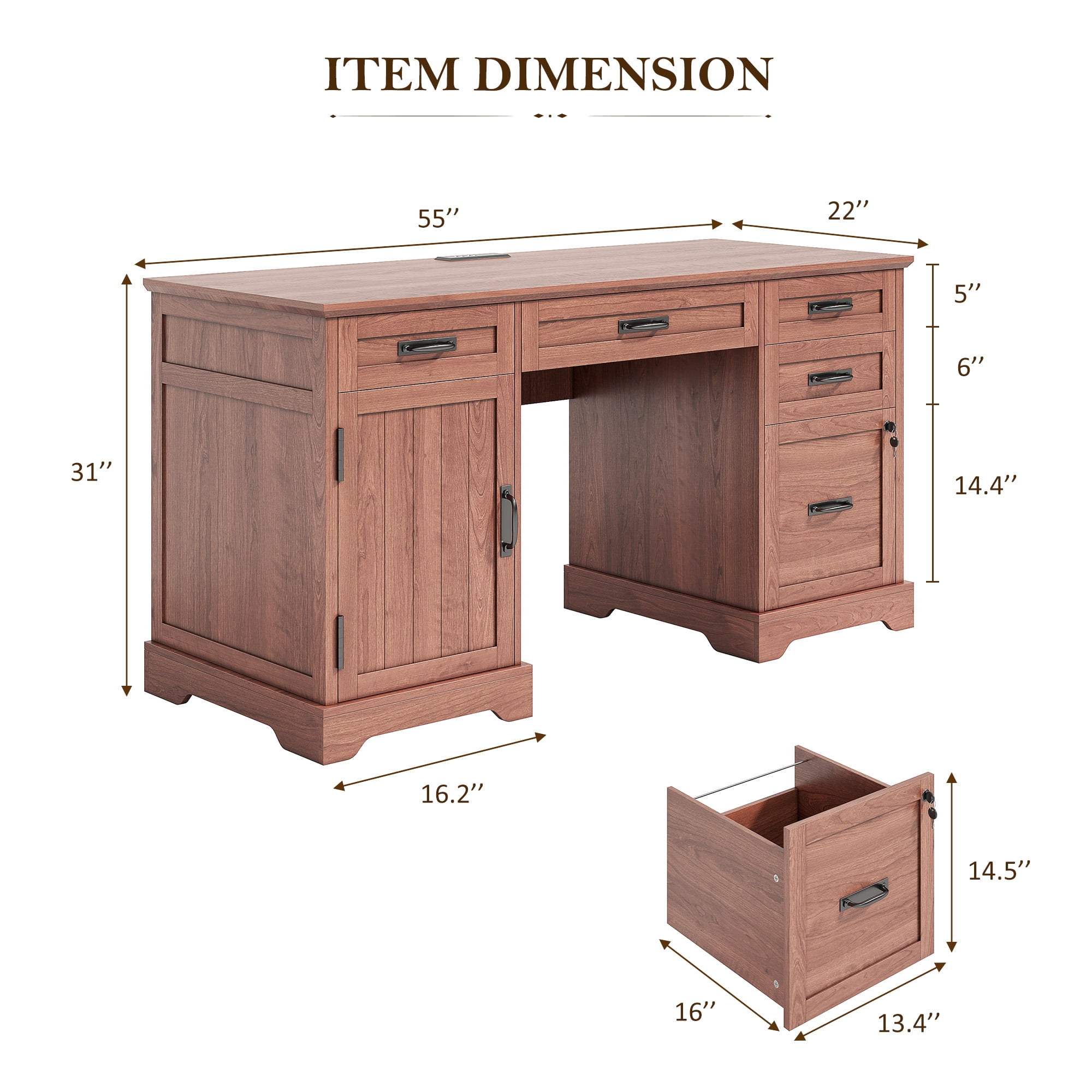 Executive Desk, 55'' Farmhouse Desk for Home Office with File Drawer and Power Outlets, Cherry Brown