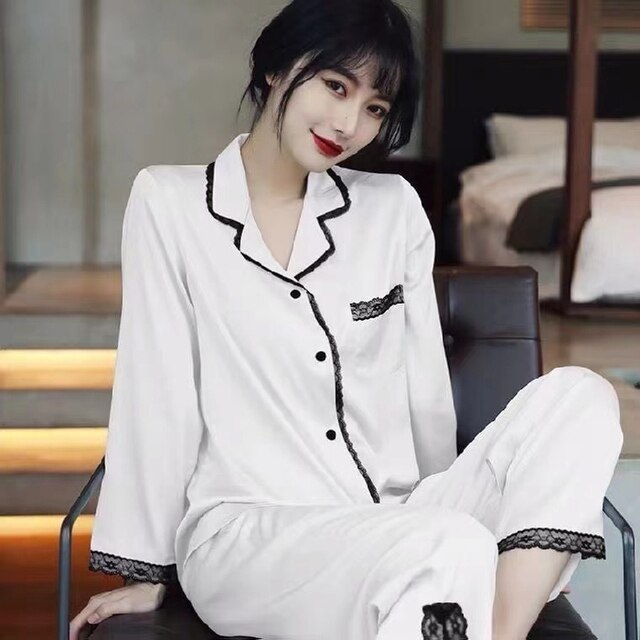 PIKADINGNIS Spring Autumn New Soft Stain Womens Pajamas Set Long