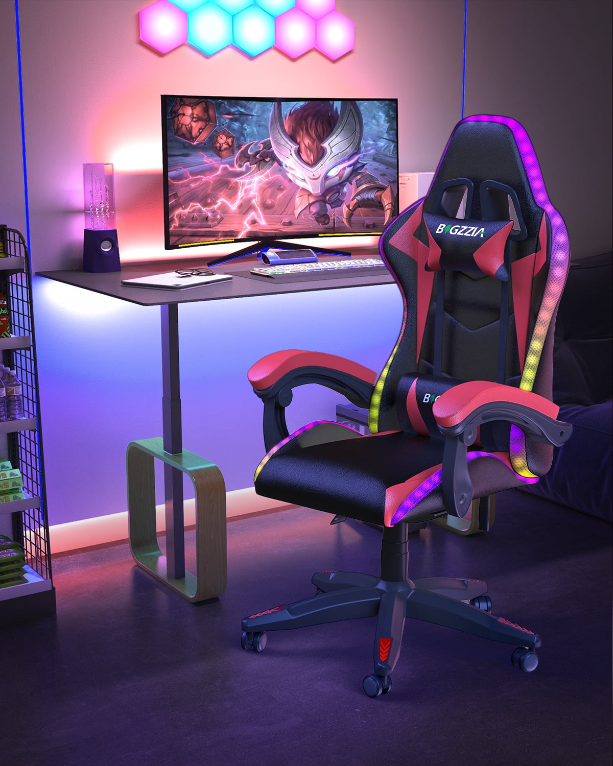 Bigzzia Gaming Chair with LED Lights, Computer Chair with Lumbar Support, Ergonomic High Back Video Game Chair with Swivel Seat and Headrest, Red