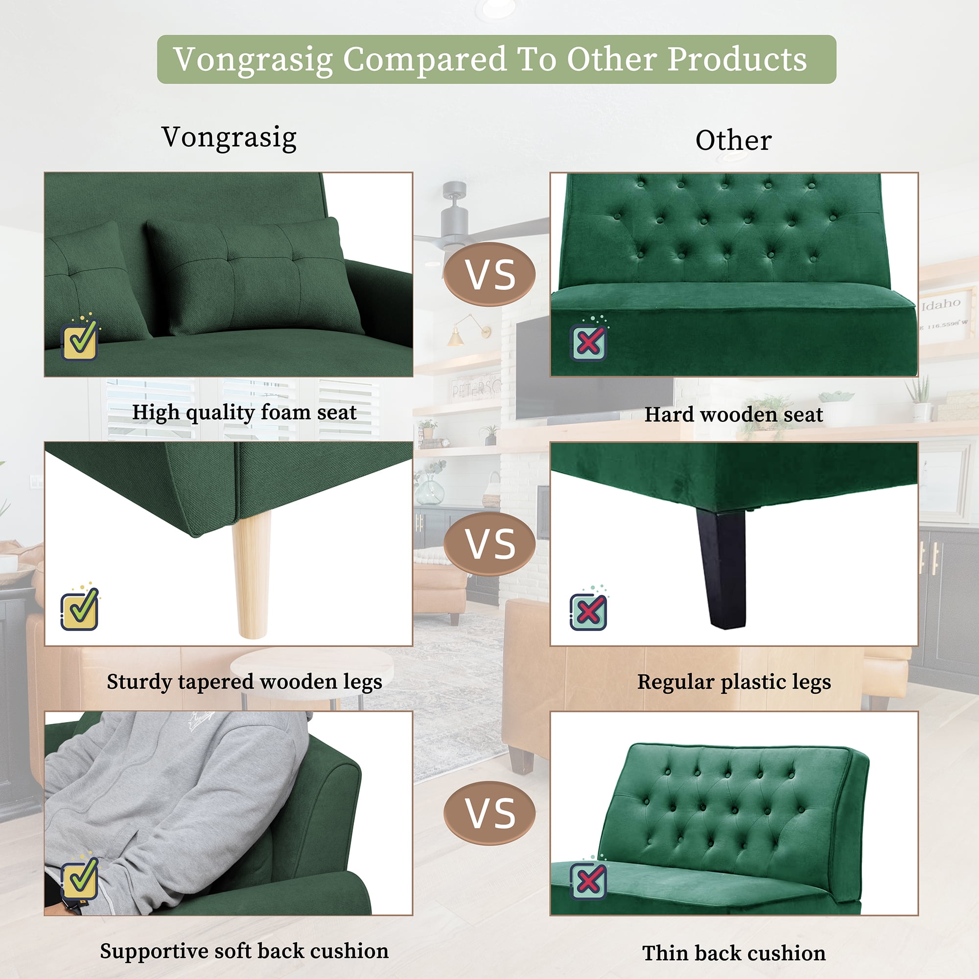 Sobaniilo 47" Small Modern Loveseat Sofa, Mid Century Linen Fabric 2-Seat Sofa Couch Tufted Love Seat with Back Cushions and Tapered Wood Legs for Living Room, Bedroom and Small Space (Green)