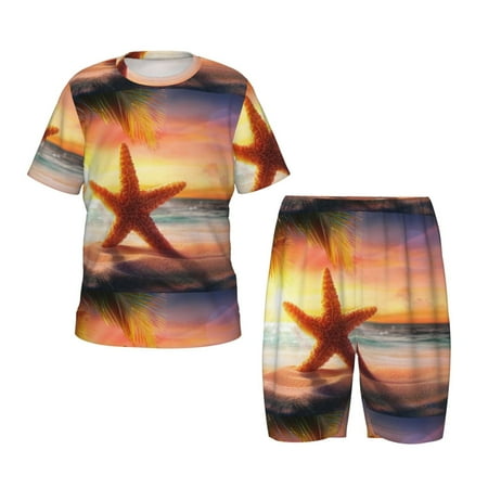 Luyuia Starfish Sunset Sea Beach Print Girls  2-Piece Tie-Dye Pajama Set  Cute Summer Loungewear with Shirt and Tank Shorts Nightwear-Medium